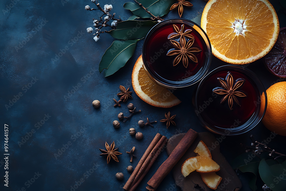 A mulled wine background highlighting ingredients like oranges, cinnamon, cloves, and star anise, embodying the cozy warmth of this classic winter beverage.
