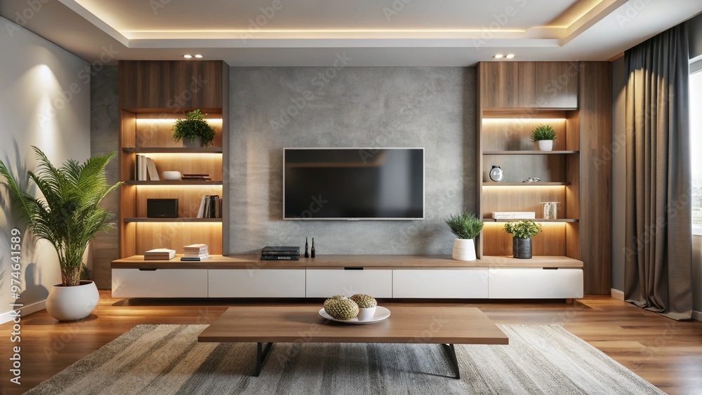 Sleek, low-profile TV console with minimalist lines, subtle LED lighting, and spacious shelves, blending seamlessly into a contemporary living room's modern aesthetic. Sleek, low-profile TV console with minimalist lines, subtle LED lighting, and spacious shelves, blending seamlessly into a contemporary living room's modern aesthetic.