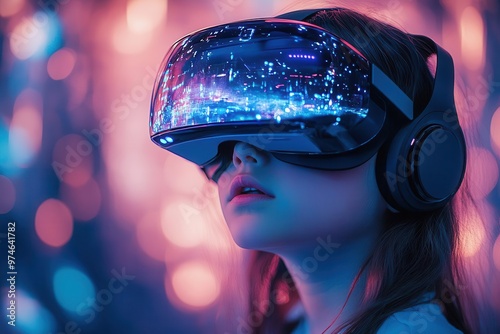 futuristic gaming experience child engrossed in immersive virtual reality console vibrant holographic projections surround player sleek hightech aesthetic with dynamic lighting effects