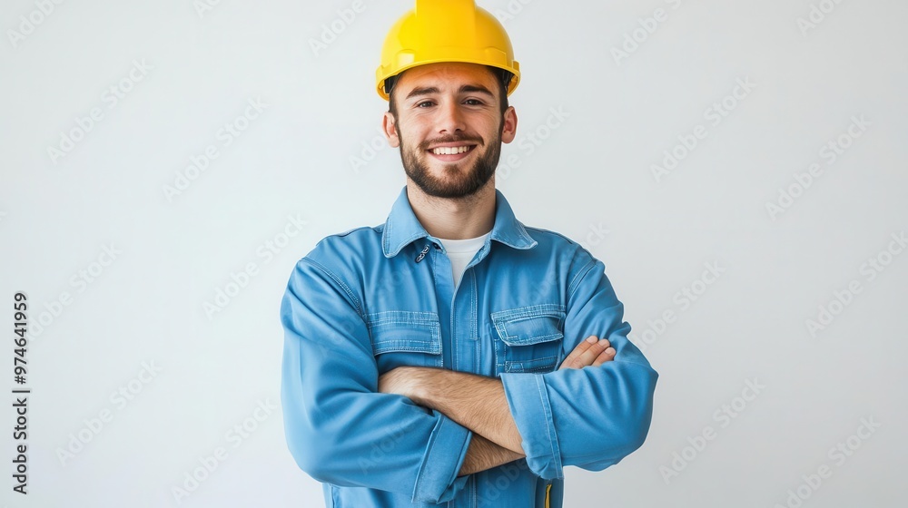 cheerful young foreman in crisp blue uniform and yellow hard hat confident pose with crossed arms warm smile against clean white backdrop cheerful young foreman in crisp blue uniform and yellow hard hat confident pose with crossed arms warm smile against clean white backdrop