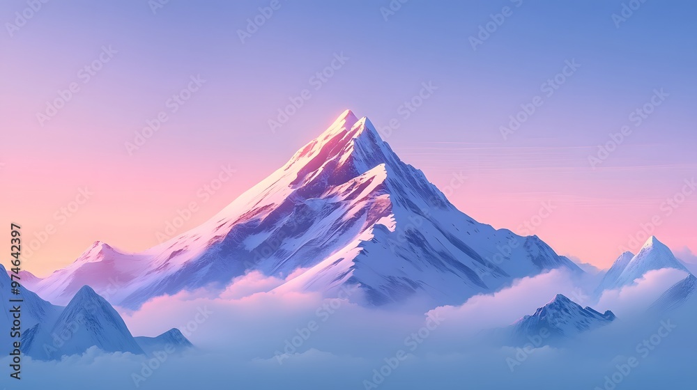  An animated mountain peak with snow on the top, set against a gradient sky in shades of blue and purple