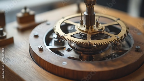 Close-up of intricate gears and mechanisms in a wooden clock.