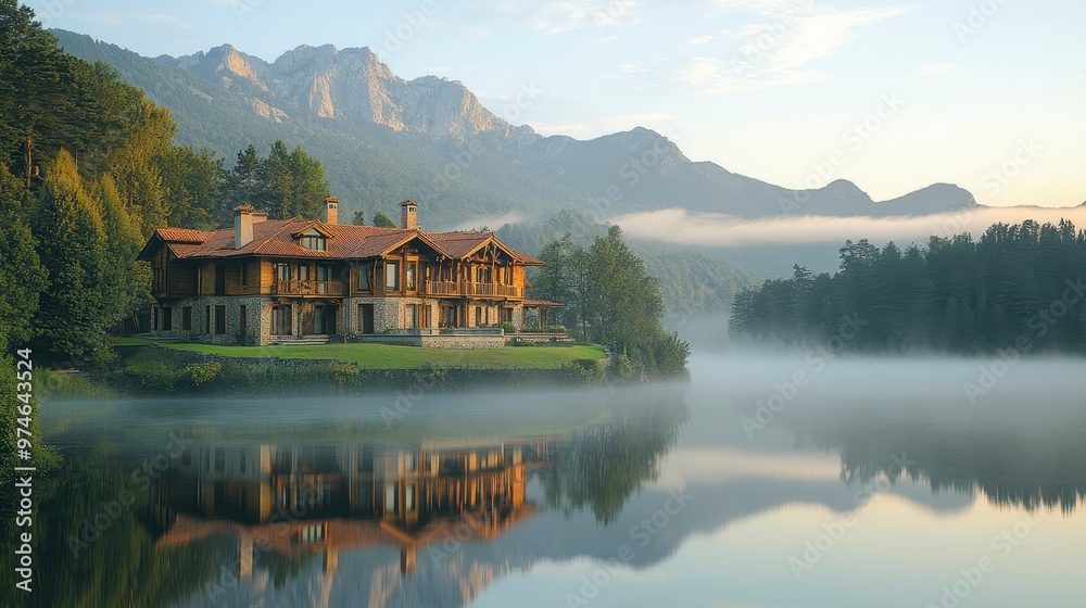 Naklejka premium A serene lakeside mansion surrounded by mountains and mist at dawn.