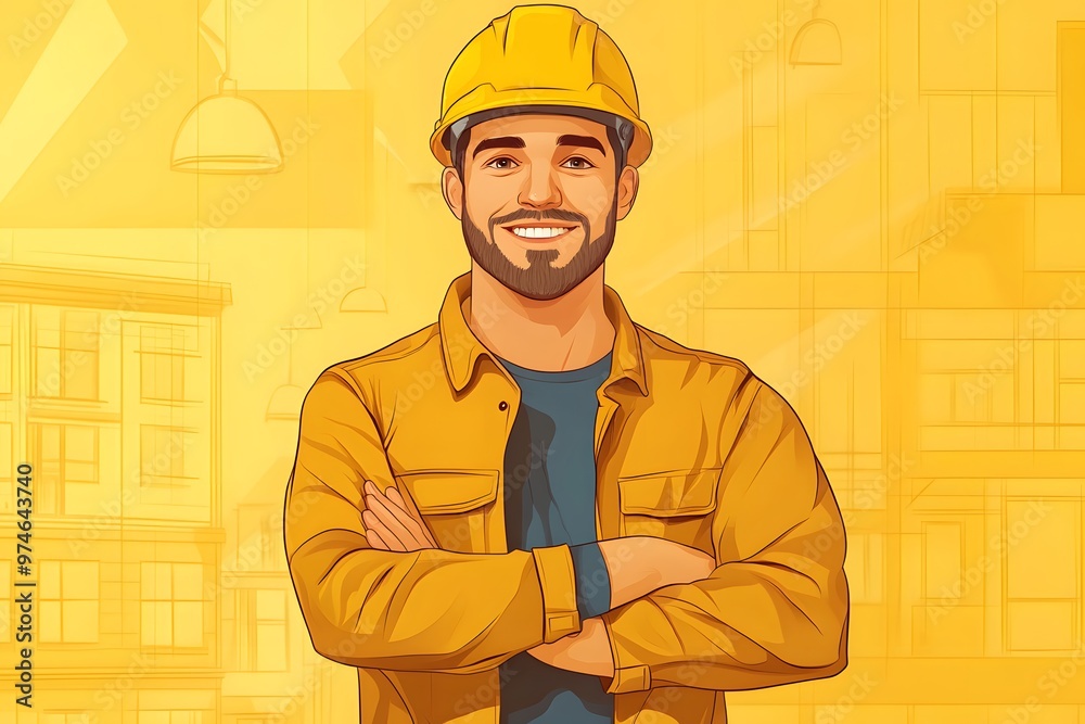 illustrated smiling construction worker in yellow helmet with crossed arms on yellow background illustrated smiling construction worker in yellow helmet with crossed arms on yellow background