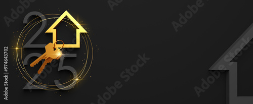 Creative 2025 New Year design template with golden keys and an abstract house symbol. 3D render illustration for a greeting card or banner.
