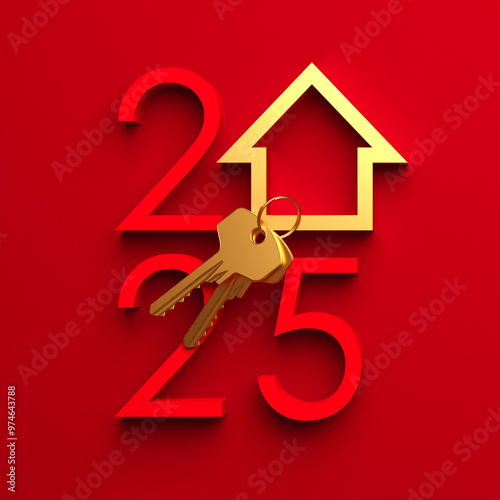 Creative 2025 New Year design template with golden keys and an abstract house symbol. 3D render illustration for a greeting card or banner.
