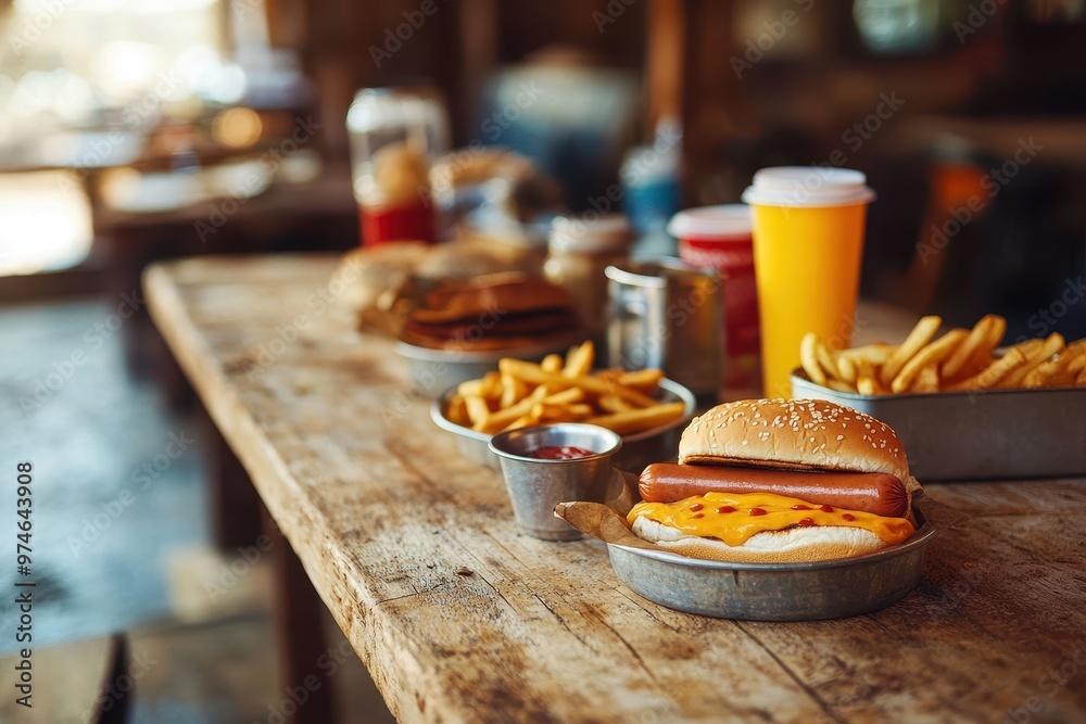A rustic table with a hot dog, fries, and condiments, evoking a casual dining atmosphere. A rustic table with a hot dog, fries, and condiments, evoking a casual dining atmosphere.