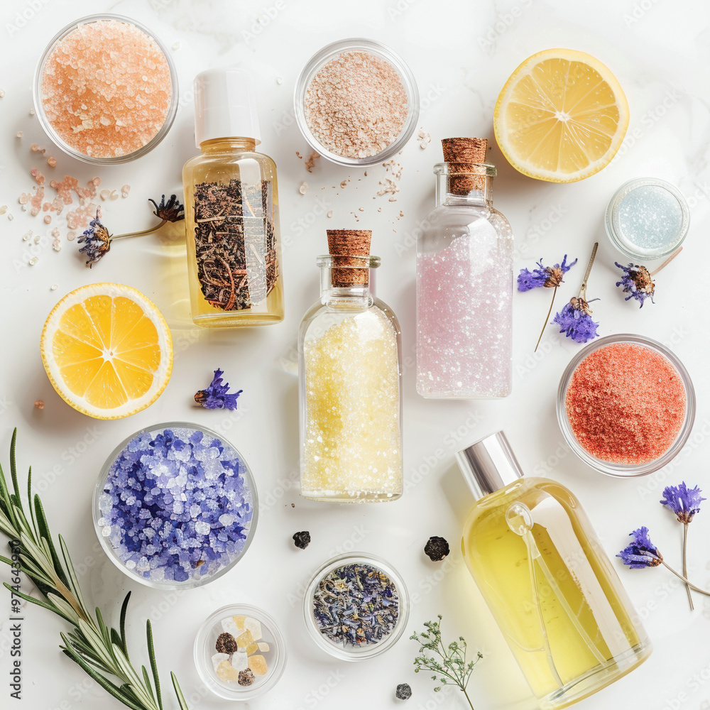 natural ingredients spa aromatherapy essential oils bottles salts herbs citrus lavender relaxation well-being wellness beauty skincare bath flat lay freshness natural ingredients spa aromatherapy essential oils bottles salts herbs citrus lavender relaxation well-being wellness beauty skincare bath flat lay freshness