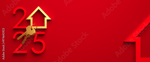 Creative 2025 New Year design template with golden keys and an abstract house symbol. 3D render illustration for a greeting card or banner.