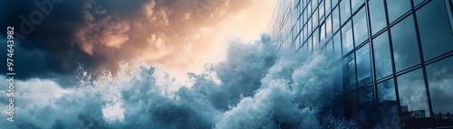 Raging Hurricane Waves Crashing Against Glass Skyscraper in Urban Chaos