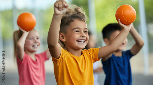 Energetic primary school children participating in a physical education class outdoors, teamwork and active learning, Outdoor learning, Physical education photo