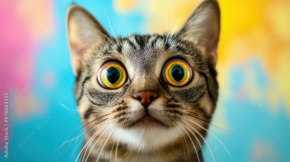closeup of wideeyed cat with comically surprised expression vibrant background enhances whimsical mood exaggerated features capture felines shocked reaction in humorous portrait closeup of wideeyed cat with comically surprised expression vibrant background enhances whimsical mood exaggerated features capture felines shocked reaction in humorous portrait