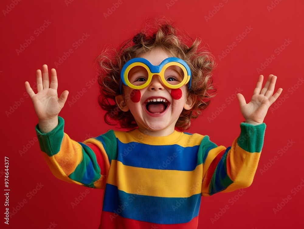happy little boy in colorful costume and funny glasses laughing on red background happy little boy in colorful costume and funny glasses laughing on red background
