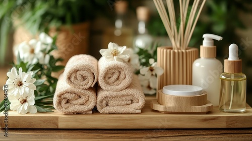 A serene spa arrangement featuring towels, essential oils, and natural decor for relaxation.