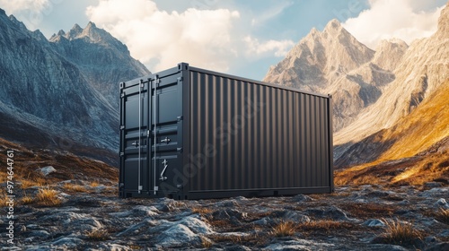 A black shipping container in a scenic mountain landscape, showcasing a blend of nature and modern industry. photo