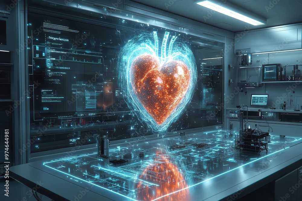 futuristic medical lab with holographic heart display glowing biometric data streams advanced diagnostic tools sleek white and chrome aesthetic