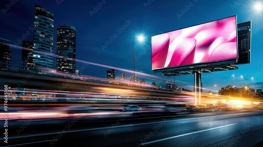 © Koborixgen - Vibrant urban scene showcasing a digital billboard at night with traffic movement. © Koborixgen - Vibrant urban scene showcasing a digital billboard at night with traffic movement.