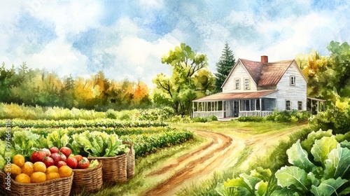 Charming farmhouse surrounded by vibrant gardens and fresh produce, depicting rural life in a serene landscape. photo