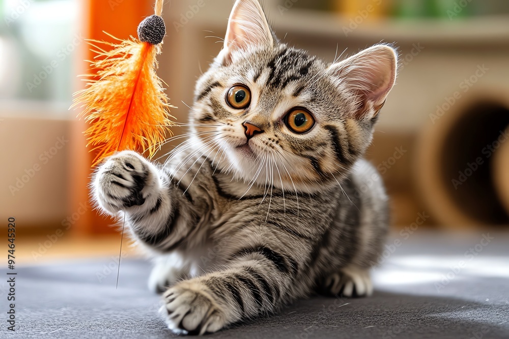 Naklejka premium An American Shorthair playing with a feather toy, its strong body and agile movements on full display
