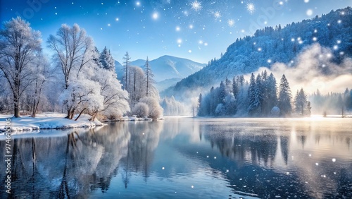 Snowflakes gently fall on frozen lake's serene landscape, surrounded by bare trees and foggy mountains, capturing winter's peaceful essence on a calm Wednesday morning. photo