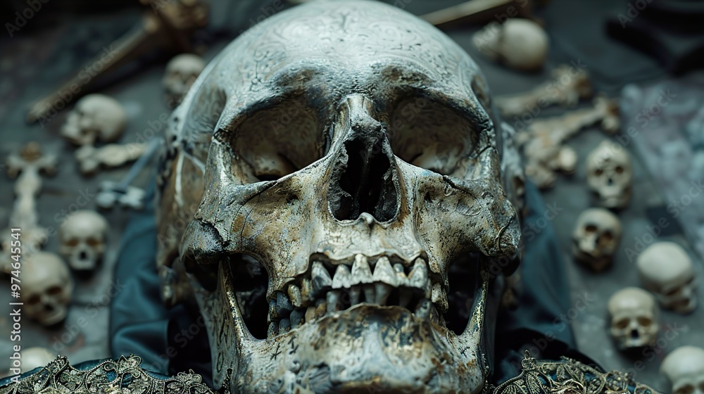 Close-Up of a Human Skull with Bones: A Dark and Eerie Still Life Close-Up of a Human Skull with Bones: A Dark and Eerie Still Life