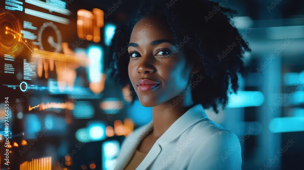 confident african american businesswoman in a hightech office space surrounded by floating holographic screens displaying data analytics and aidriven insights confident african american businesswoman in a hightech office space surrounded by floating holographic screens displaying data analytics and aidriven insights