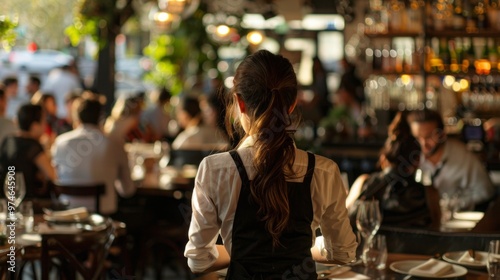 A woman in a black apron stands behind a table with a group of people