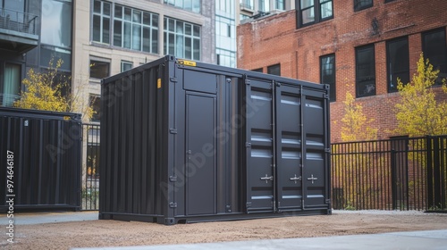 A modern black shipping container positioned in an urban setting, showcasing a blend of industrial design and city life. photo