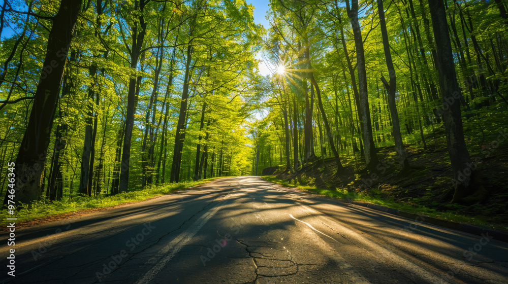 Lush green trees lining a sunlit road on a clear day in a tranquil forest setting Lush green trees lining a sunlit road on a clear day in a tranquil forest setting
