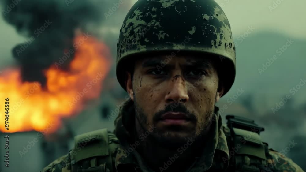 Close-up face of a tired soldier on the background of ruined burning town. Exhaustion etched into every line of the soldier's countenance, a testament to the battles fought and the toll they've taken. Close-up face of a tired soldier on the background of ruined burning town. Exhaustion etched into every line of the soldier's countenance, a testament to the battles fought and the toll they've taken.