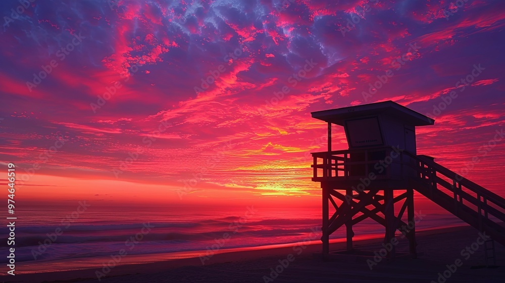 Lifeguard Stand Silhouetted Against Vibrant Sunset Over Ocean Lifeguard Stand Silhouetted Against Vibrant Sunset Over Ocean