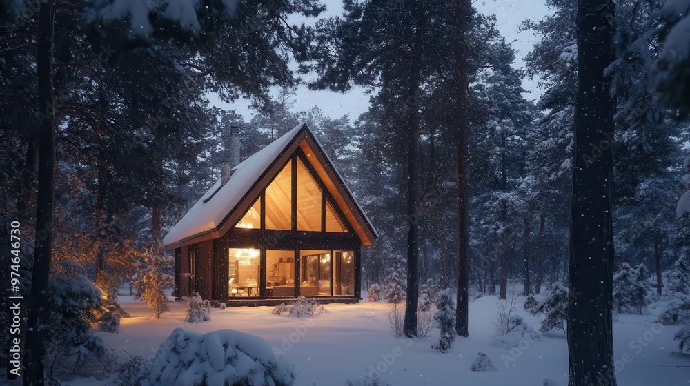 contemporary aframe cabin nestled in a snowcovered pine forest warm light glows from large windows creating a cozy contrast with the wintry landscape contemporary aframe cabin nestled in a snowcovered pine forest warm light glows from large windows creating a cozy contrast with the wintry landscape
