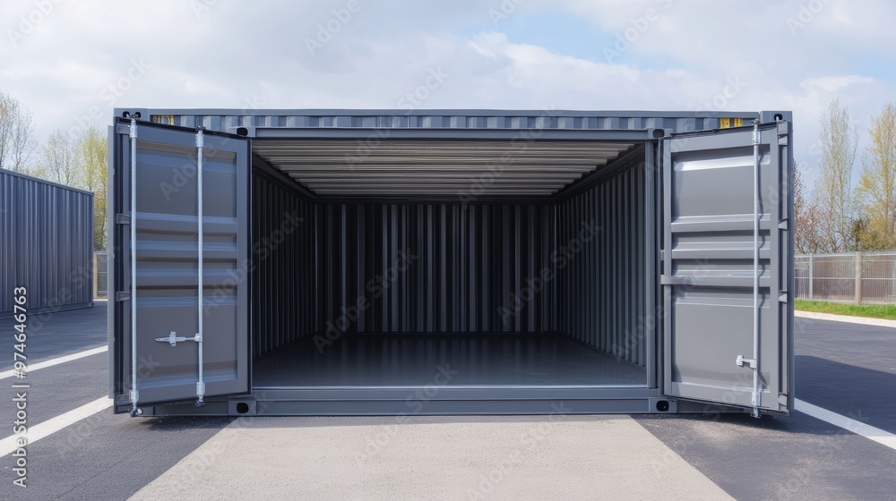 Fototapeta premium An empty shipping container with open doors, showcasing its spacious interior and modern design against a clear sky.
