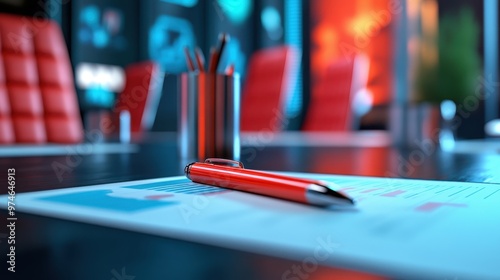 A close-up view of a red pen resting on a document in a modern conference room, showcasing a professional setting.
