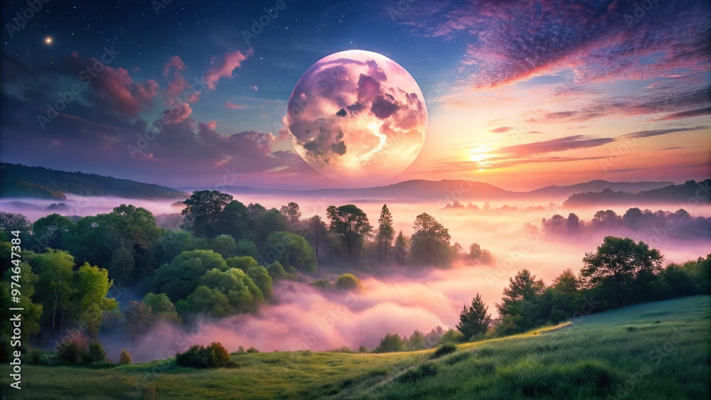 Softly glowing pink moon rises over serene landscape with gentle clouds, misty atmosphere, and lush greenery, evoking feelings of calmness and serene nocturnal beauty. Softly glowing pink moon rises over serene landscape with gentle clouds, misty atmosphere, and lush greenery, evoking feelings of calmness and serene nocturnal beauty.