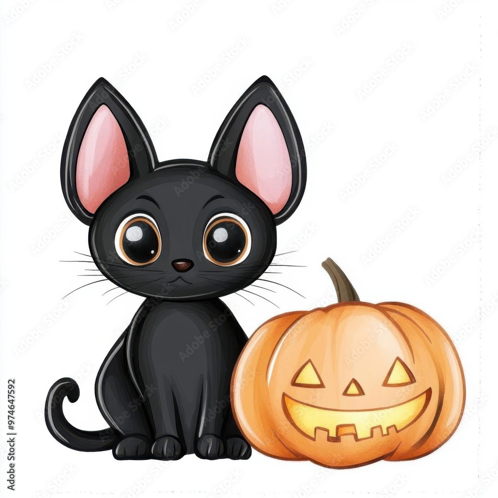 Adorable black cat beside a carved pumpkin, perfect for Halloween-themed designs and decorations. Adorable black cat beside a carved pumpkin, perfect for Halloween-themed designs and decorations.