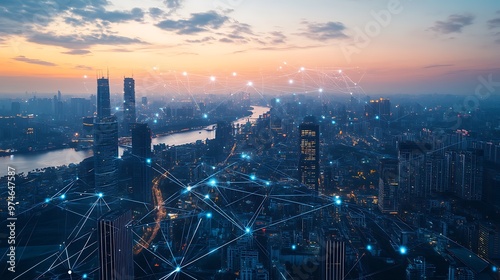 Wallpaper Mural Smart City Skyline with Network Connections at Sunset. Torontodigital.ca