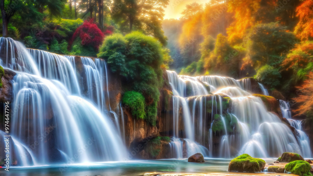 A cascading waterfall flows through a lush, green forest. The sun's rays illuminate the water, creating a mesmerizing display of light and shadow. A cascading waterfall flows through a lush, green forest. The sun's rays illuminate the water, creating a mesmerizing display of light and shadow.