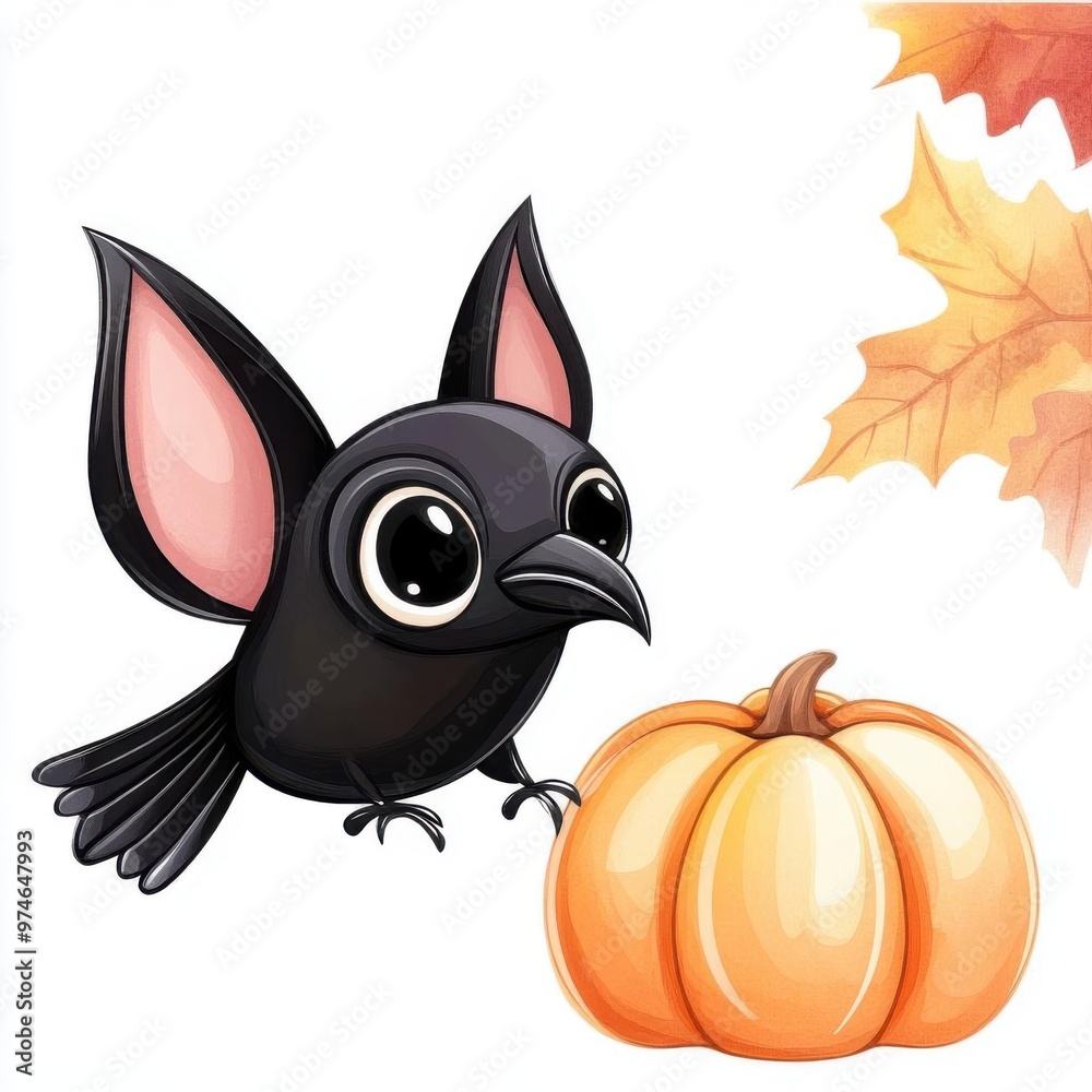 A cute cartoon bird with large eyes next to a bright orange pumpkin, surrounded by autumn leaves, perfect for seasonal themes.