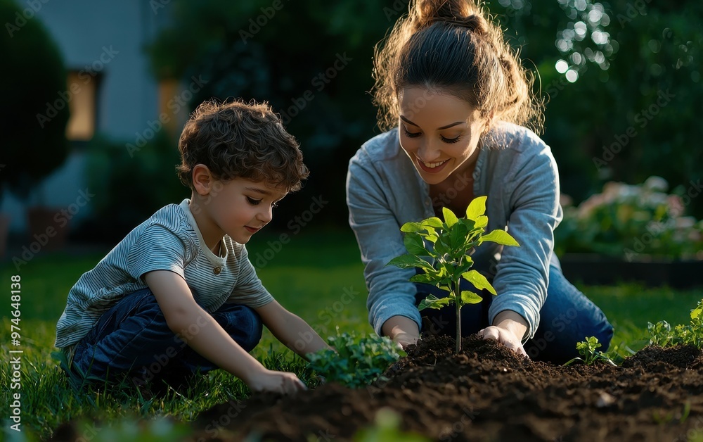 A joyful woman and young boy planting a small tree in a garden at sunset. A joyful woman and young boy planting a small tree in a garden at sunset.