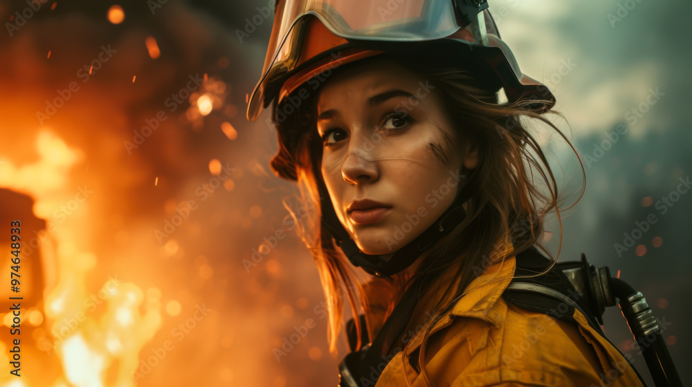 A firefighter stands resolutely amidst a raging wildfire as flames light up the surroundings, showcasing bravery and focus. A firefighter stands resolutely amidst a raging wildfire as flames light up the surroundings, showcasing bravery and focus.