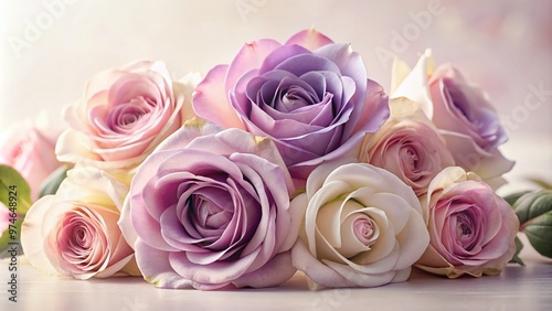 Soft, serene rose violet hues radiate from a delicate, intricate flower petal arrangement, evoking feelings of calmness and tranquility against a subtle, creamy white background. photo