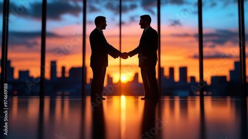 Two business professionals shake hands against a stunning sunset, symbolizing partnership and collaboration in the city.