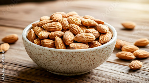  bowl of raw almonds sitting on a clean wooden table, ready for a healthy