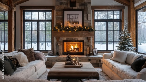 cozy winter sanctuary crackling fireplace casts warm glow on plush furnishings snowladen pine boughs frame frosted windows rich textures and muted colors evoke hygge atmosphere