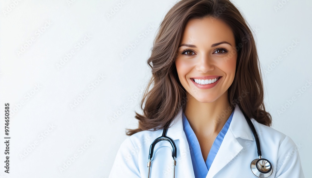 Smiling Female Doctor Posing With Stethoscope Against A White Background, Exuding Joy And Professionalism In Her Medical Profession. Smiling Female Doctor Posing With Stethoscope Against A White Background, Exuding Joy And Professionalism In Her Medical Profession.
