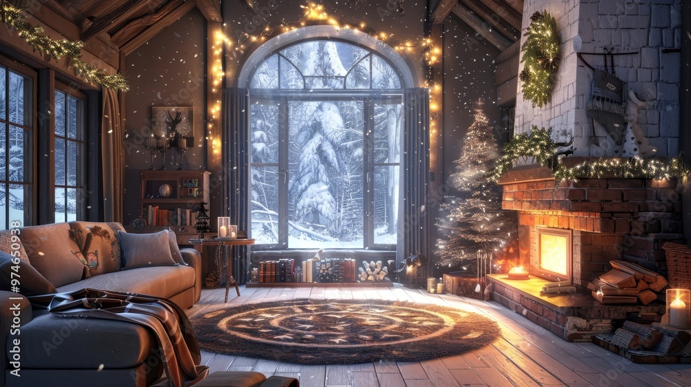 Obraz premium Cozy family gathering by the fireplace with snow falling and festive decorations in living room