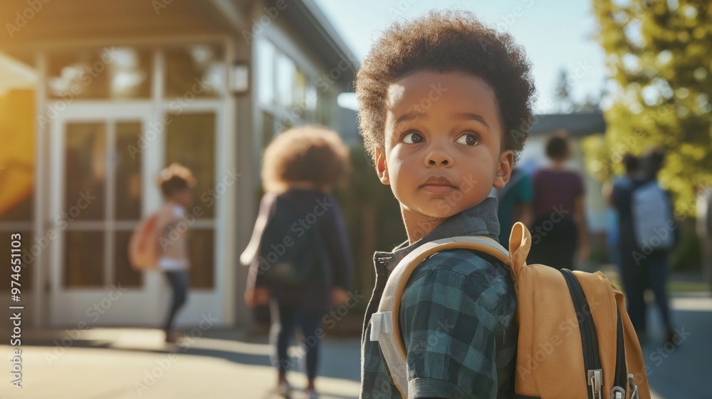 Young child of African descent entering school with a backpack, filled with excitement and curiosity on the first day Young child of African descent entering school with a backpack, filled with excitement and curiosity on the first day