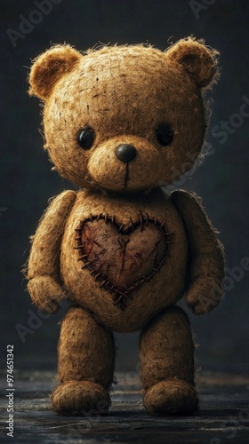 An artistic image of a handmade teddy bear standing upright with a stitched heart on its chest, set against a dark, dramatic background evoking a sense of nostalgia and warmth.