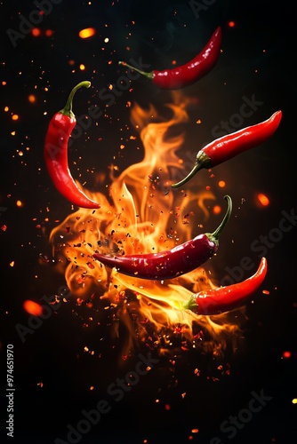 Spicy hot chili red peppers flying through fire flames against dark background, concept of extremely hot food, heat, intensity, bold flavors.